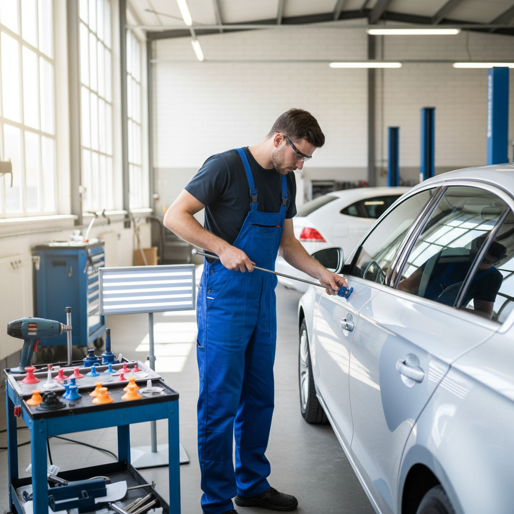 Techniker führt PDR an einem Fahrzeug in Wien durch